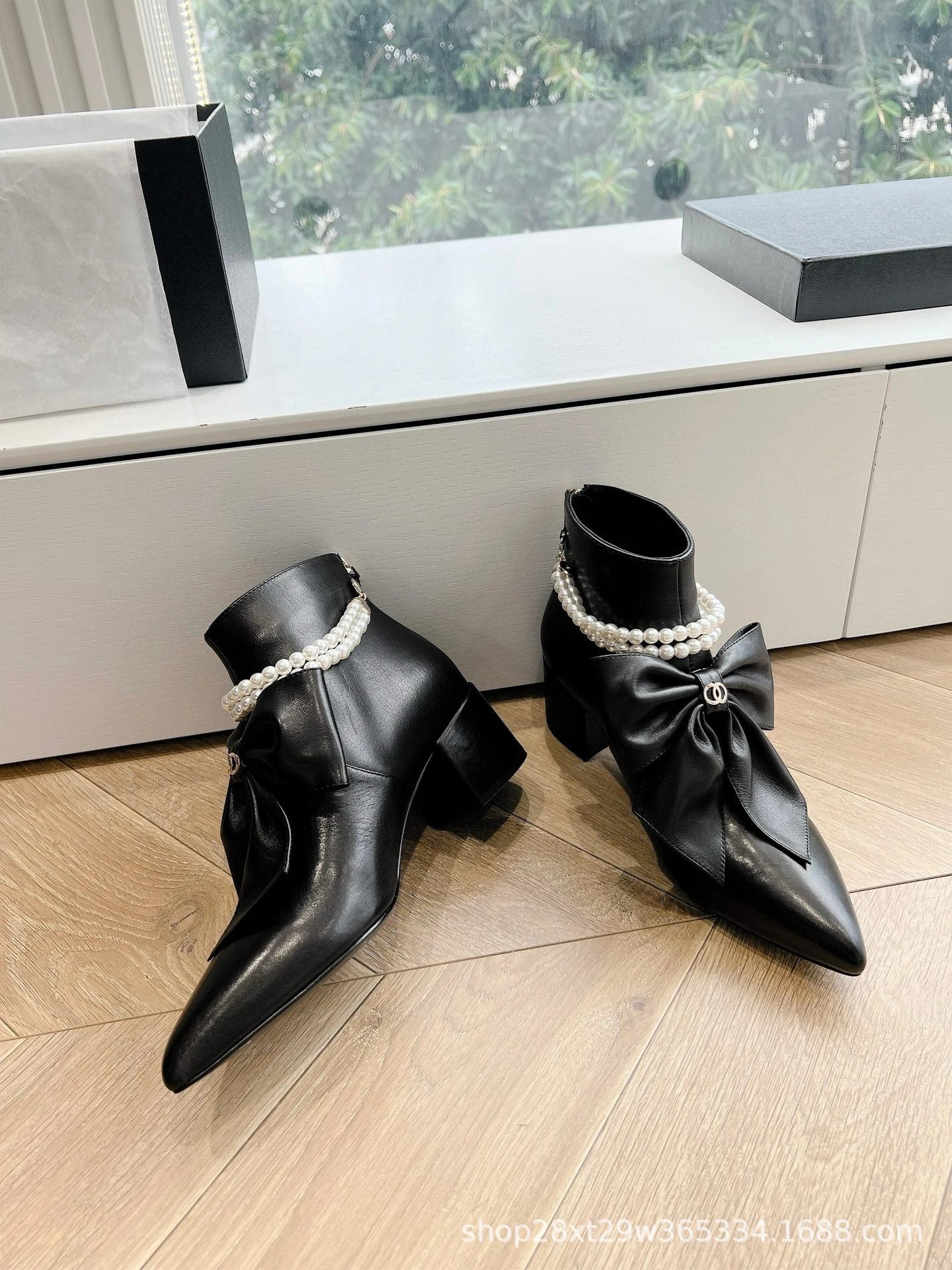 Chanel-inspired Pearl Bow Ankle Boots Black
