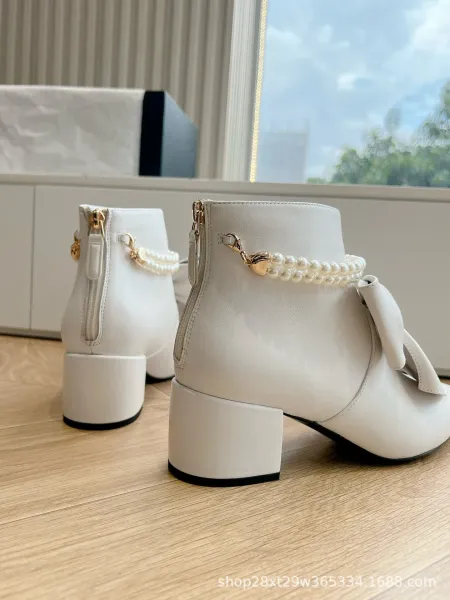 Chanel-Inspired Pearl Bow Knee Boots Black - 7