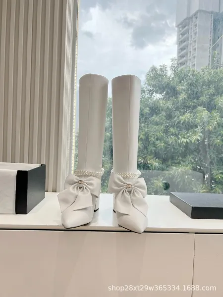 Chanel-Inspired Pearl Bow Knee Boots Black - 13