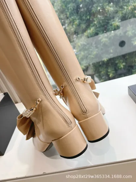 Chanel-Inspired Pearl Bow Knee Boots Black - 19