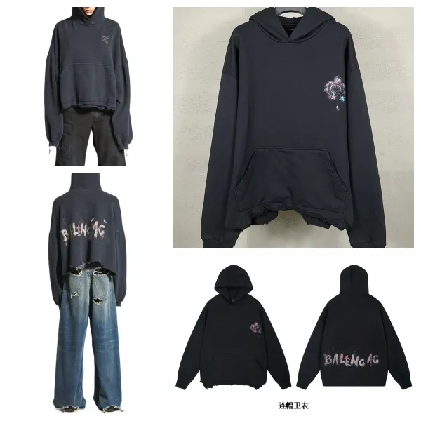 Balenciaga Distressed Floral Embroidery Hoodie Black - 3
