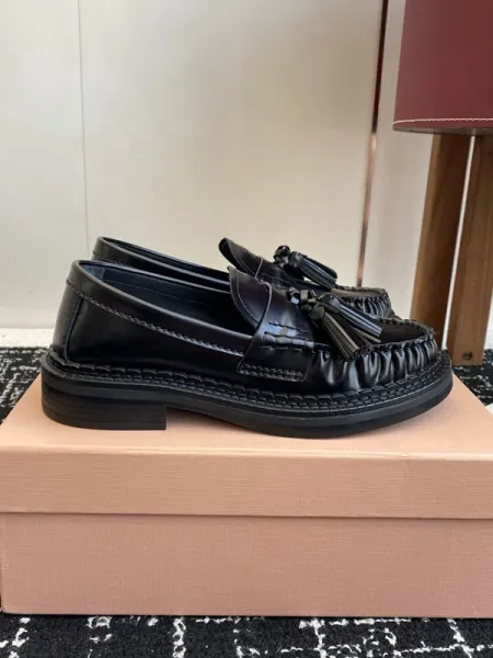 Prada Tassel Loafers Black Leather Shoes - 7