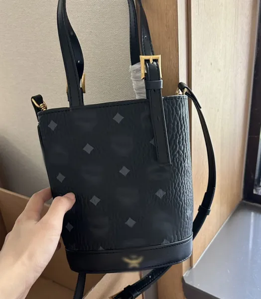 MCM Visetos Mini Bucket Bag Tan with Black Diamond Pattern Handbag - 3