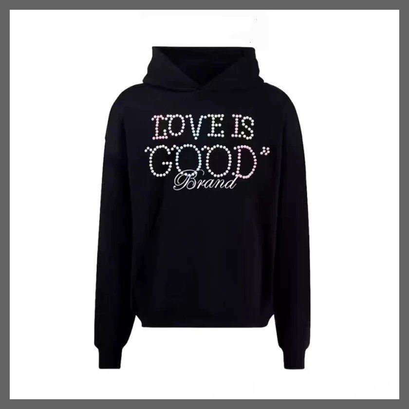 Love Is Good Brand Rhinestone Embellished Black Hoodie