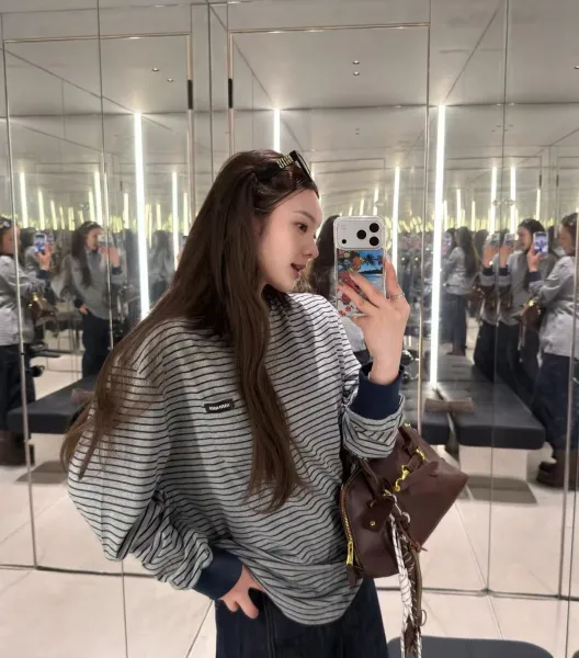 Miu Miu Striped Long-Sleeve T-Shirt with Chest Pocket in Gray and Navy - 6