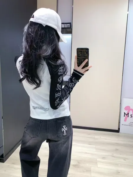 Chrome Hearts x Custom Long Sleeve Tee White/Black with Cross Embroidery Jeans - 8