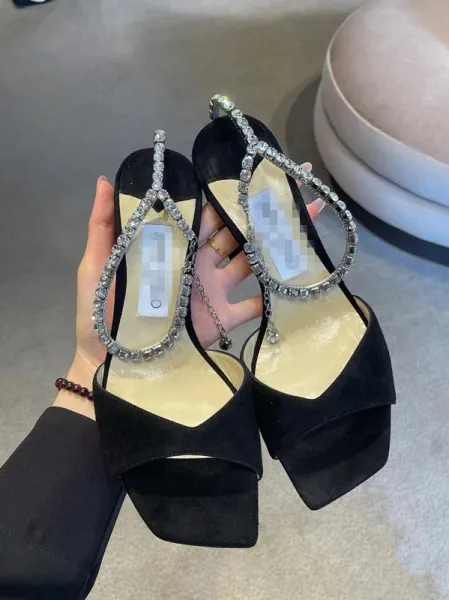 Christian Louboutin Crystal-Embellished Black Suede Block Heel Sandals - 10