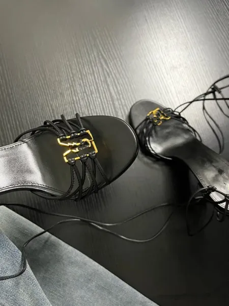Saint Laurent Monogram Lace-Up Sandals Black Heels - 4
