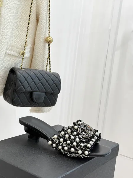 Chanel-inspired Pearl-Embellished Tweed Mule Black Shoes - 3