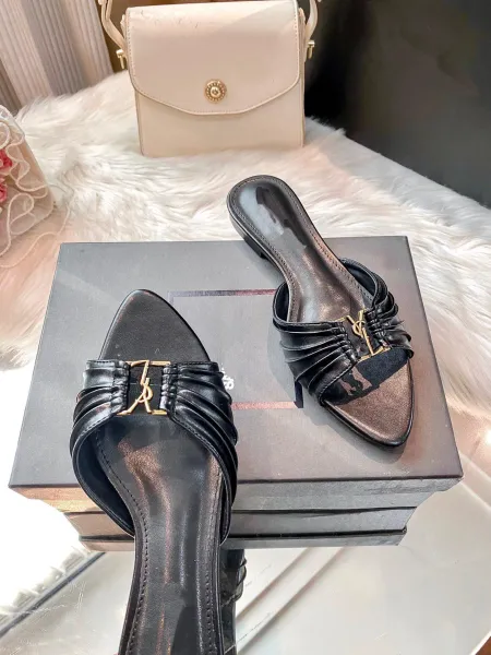 Saint Laurent Ruched Mule Tan Leather Slippers - 8