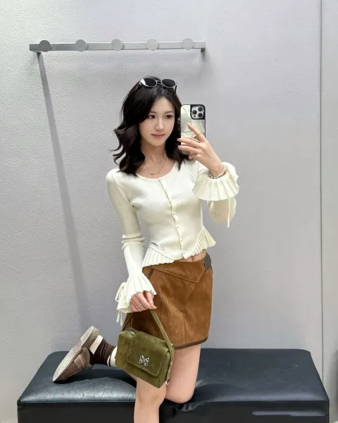 Off-White Suede Mini Skirt with Contrast Trim Brown Skirt - 6