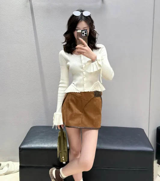 Off-White Suede Mini Skirt with Contrast Trim Brown Skirt - 5