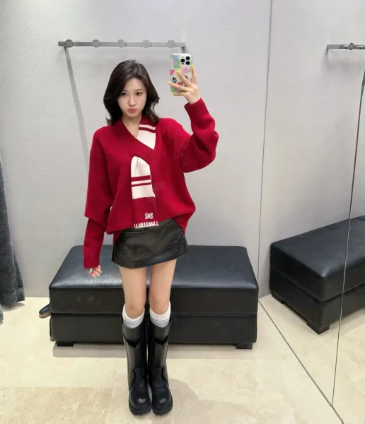Off-White V-Neck Sweater with Scarf Detail in Burgundy - 5