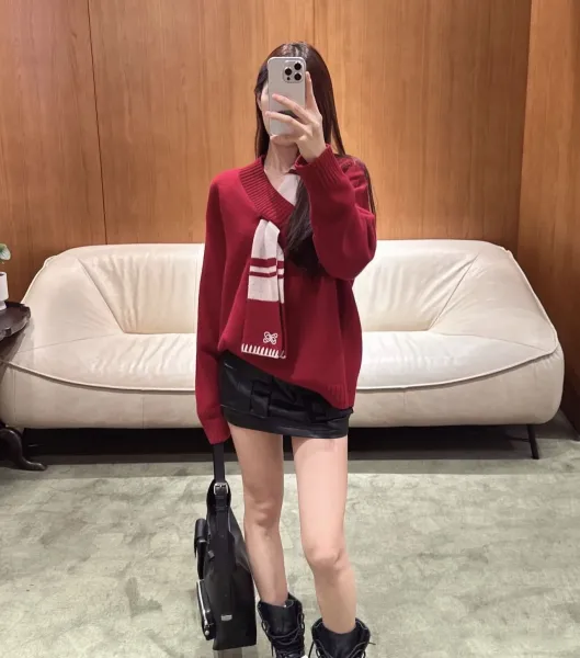 Off-White V-Neck Sweater with Scarf Detail in Burgundy - 8