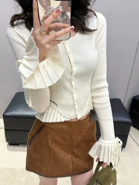 Off-White Suede Mini Skirt with Contrast Trim Brown Skirt - 4