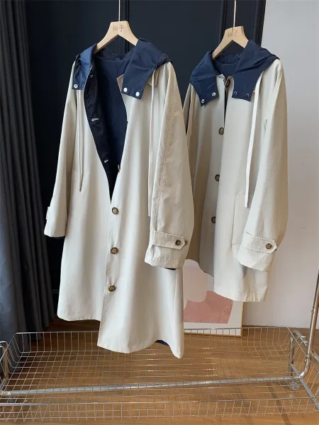Design Double-Collar Trench Coat Beige with Navy Contrast Outerwear - 3