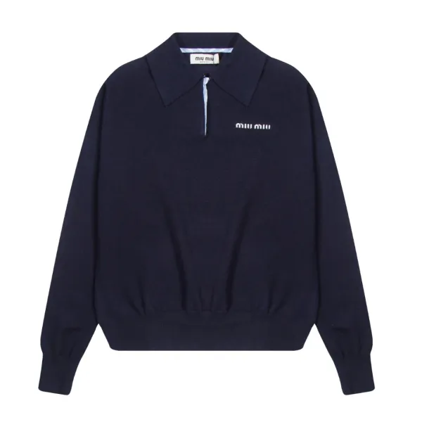 Miu Miu Logo-Embroidered Navy Knit Polo Sweater - 3