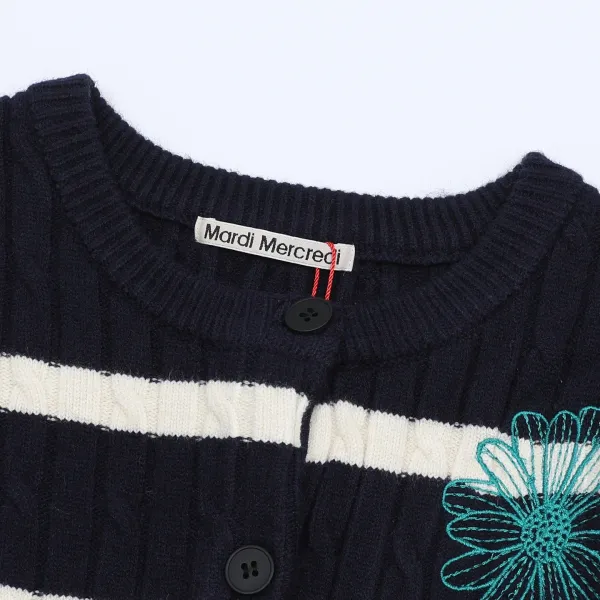 Mardi Mercredi Striped Cable Knit Cardigan with Embroidered Daisy Navy - 6