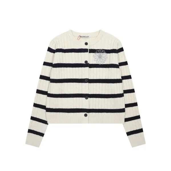 Mardi Mercredi Striped Cable Knit Cardigan with Embroidered Daisy Navy - 22