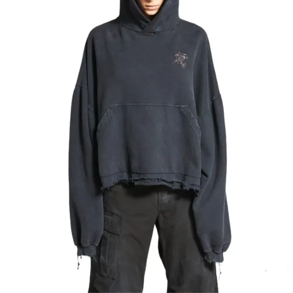 Balenciaga Distressed Floral Embroidery Hoodie Black - 4