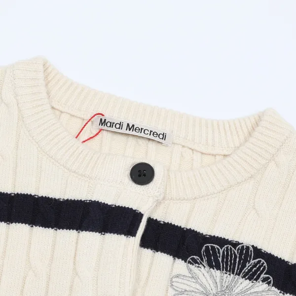 Mardi Mercredi Striped Cable Knit Cardigan with Embroidered Daisy Navy - 25