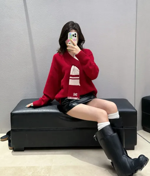 Off-White V-Neck Sweater with Scarf Detail in Burgundy - 4