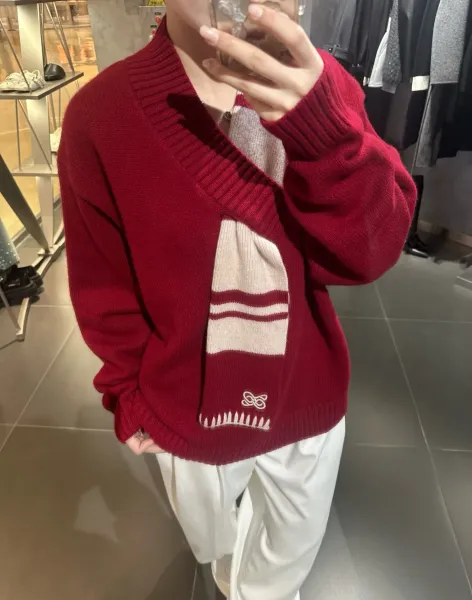 Off-White V-Neck Sweater with Scarf Detail in Burgundy - 7
