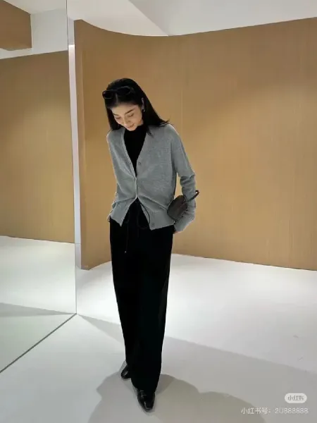 Minimalist V-Neck Cardigan in Gray, White, and Black - 4