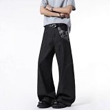 Black Wide-Leg Denim Pants with Floral Patch Detail [1 style]