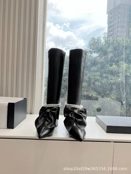Chanel-Inspired Pearl Bow Knee Boots Black - 11