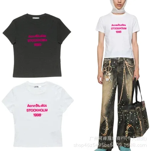 Acne Studios Stockholm Tee White Pink Graphic Cropped T-Shirt - 2