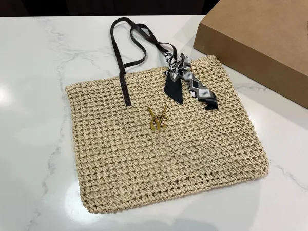 Saint Laurent YSL Monogram Straw Tote Bag Beige - 4