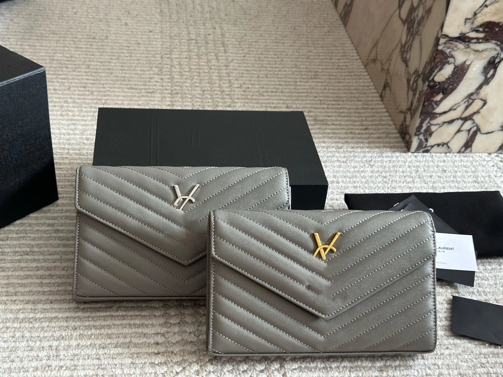 Saint Laurent Monogramme Chevron Quilted Gray Leather Wallets