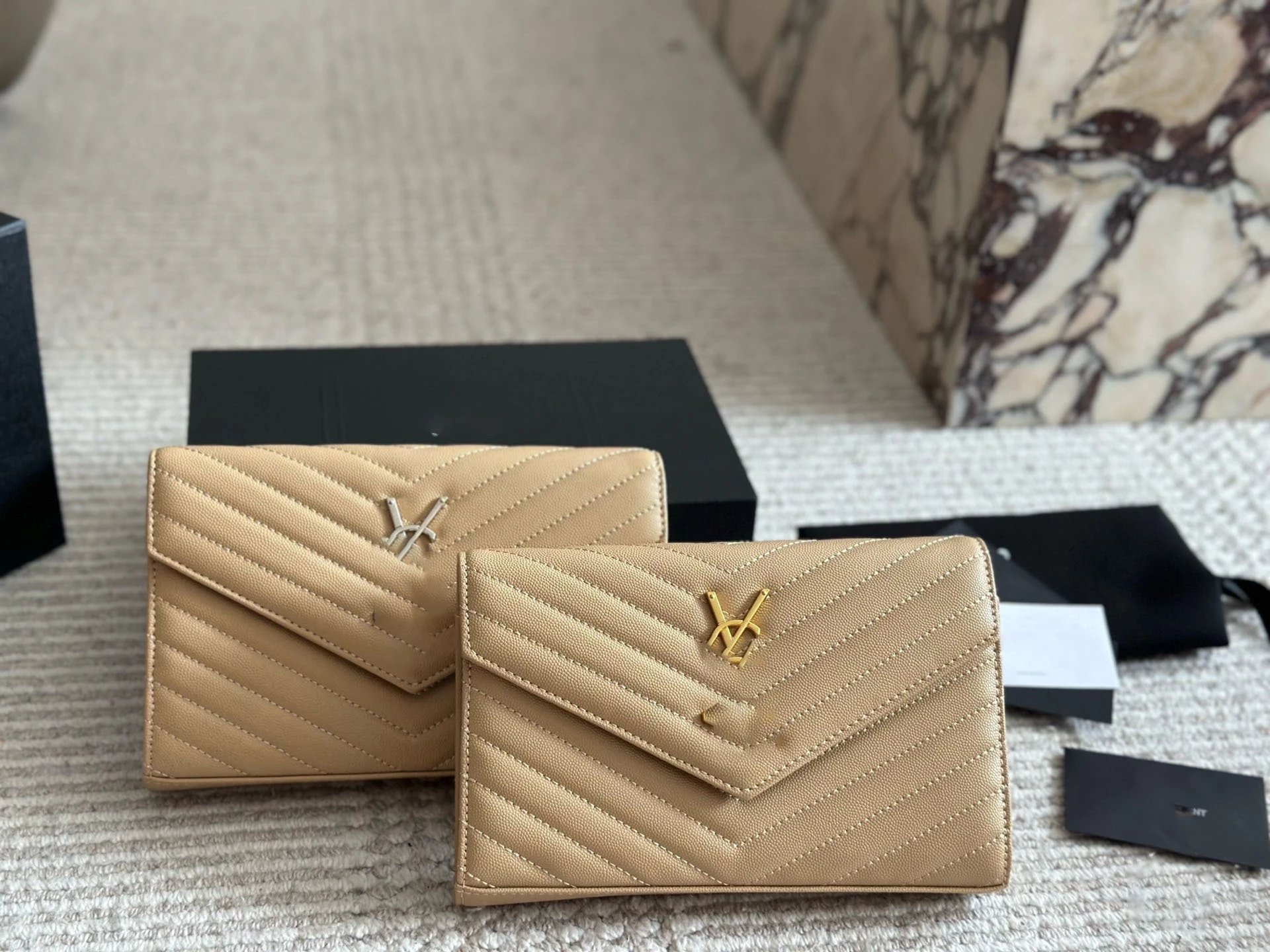 Saint Laurent Monogramme Quilted Envelope Wallet Beige