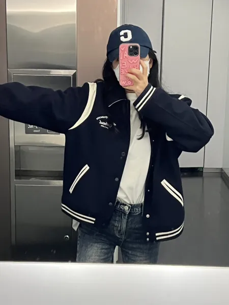 Marithe Francois Girbaud Varsity Jacket Navy with White Stripes Outerwear - 36