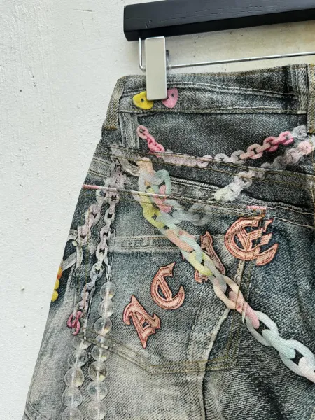 Acne Studios Distressed Denim Shorts with Chain Embellishments Blue - 7