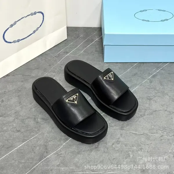 Prada Triangle Logo Platform Slide Sandals Black - 1