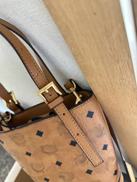 MCM Visetos Mini Bucket Bag Tan with Black Diamond Pattern Handbag - 6