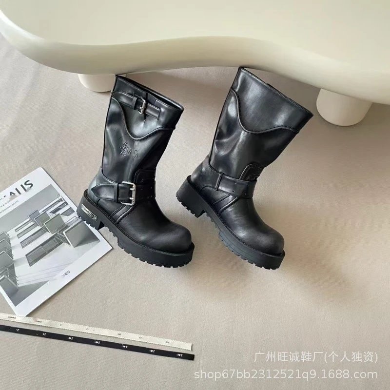 Design Moto-Style Buckle Boots Black Boots - 5
