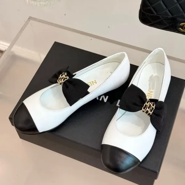 Chanel Ballerina Flats Beige and Black Two-Tone with Chain Bow - 11