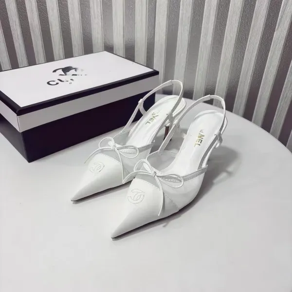 Chanel-inspired Two-Tone Slingback Heels with Bow Detail White/Black Heels - 9