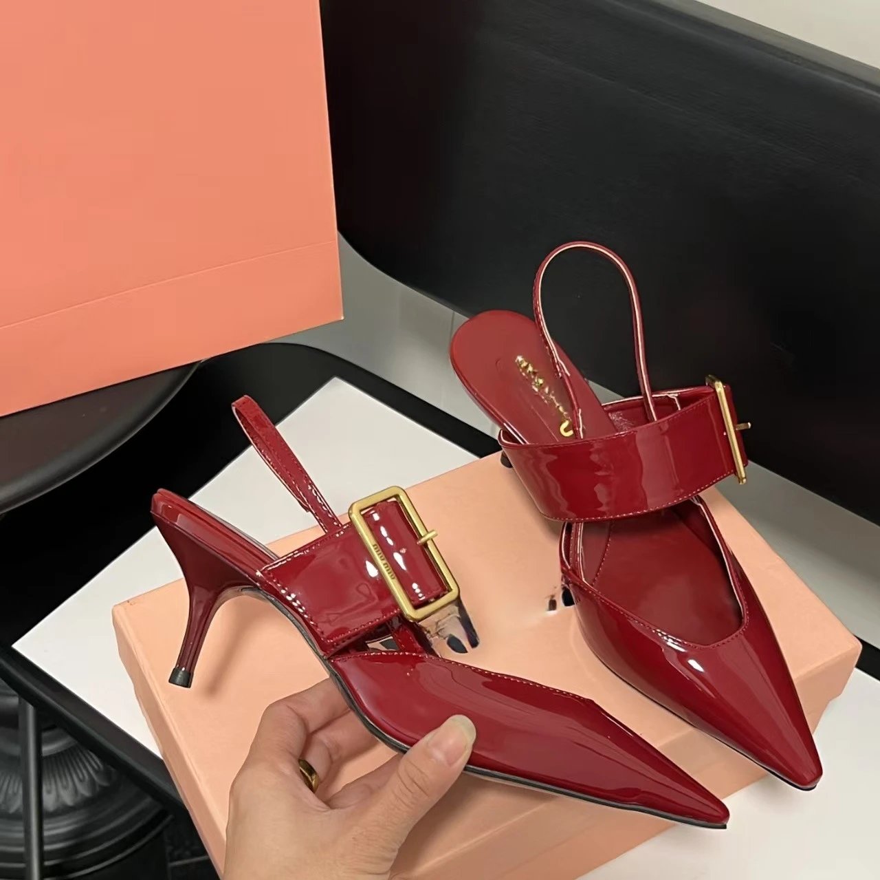 Miu Miu Patent Leather Buckle Strap Pointed-Toe Stilettos Burgundy - 7