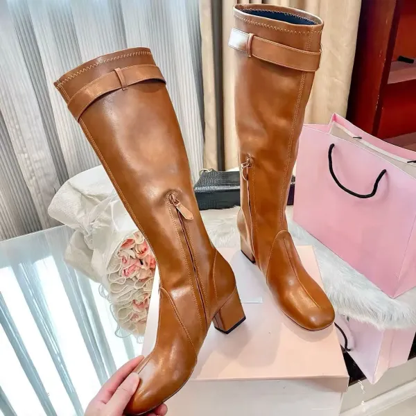 Prada Square-Toe Knee-High Boots Black Leather Boots - 6