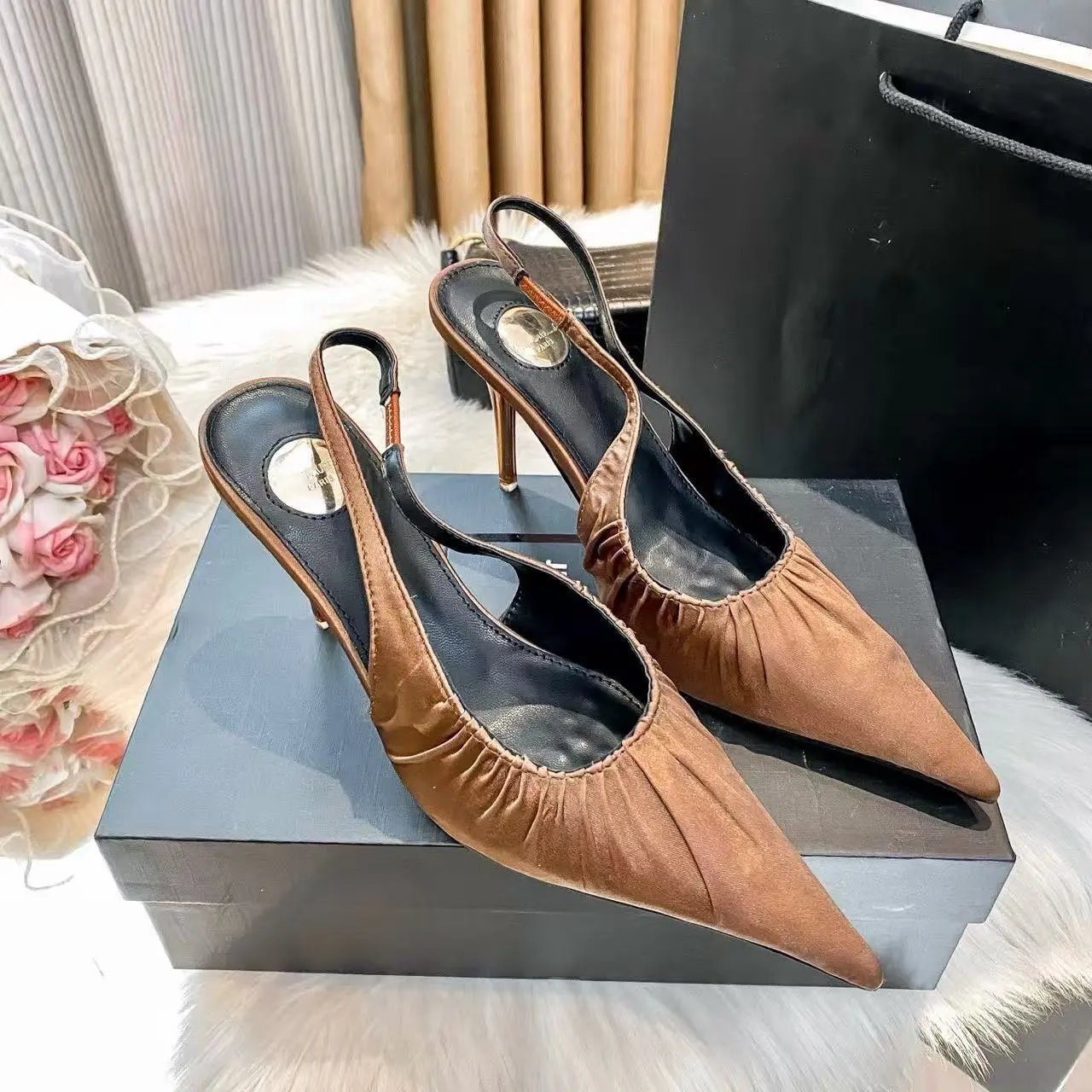 Balenciaga Slingback Pointed-Toe Heels Brown Velvet