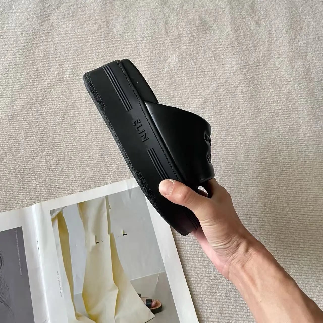 Celine Triomphe Logo Platform Slide Sandals Black - 5