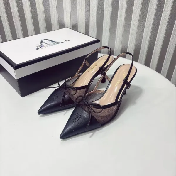 Chanel-inspired Two-Tone Slingback Heels with Bow Detail White/Black Heels - 5