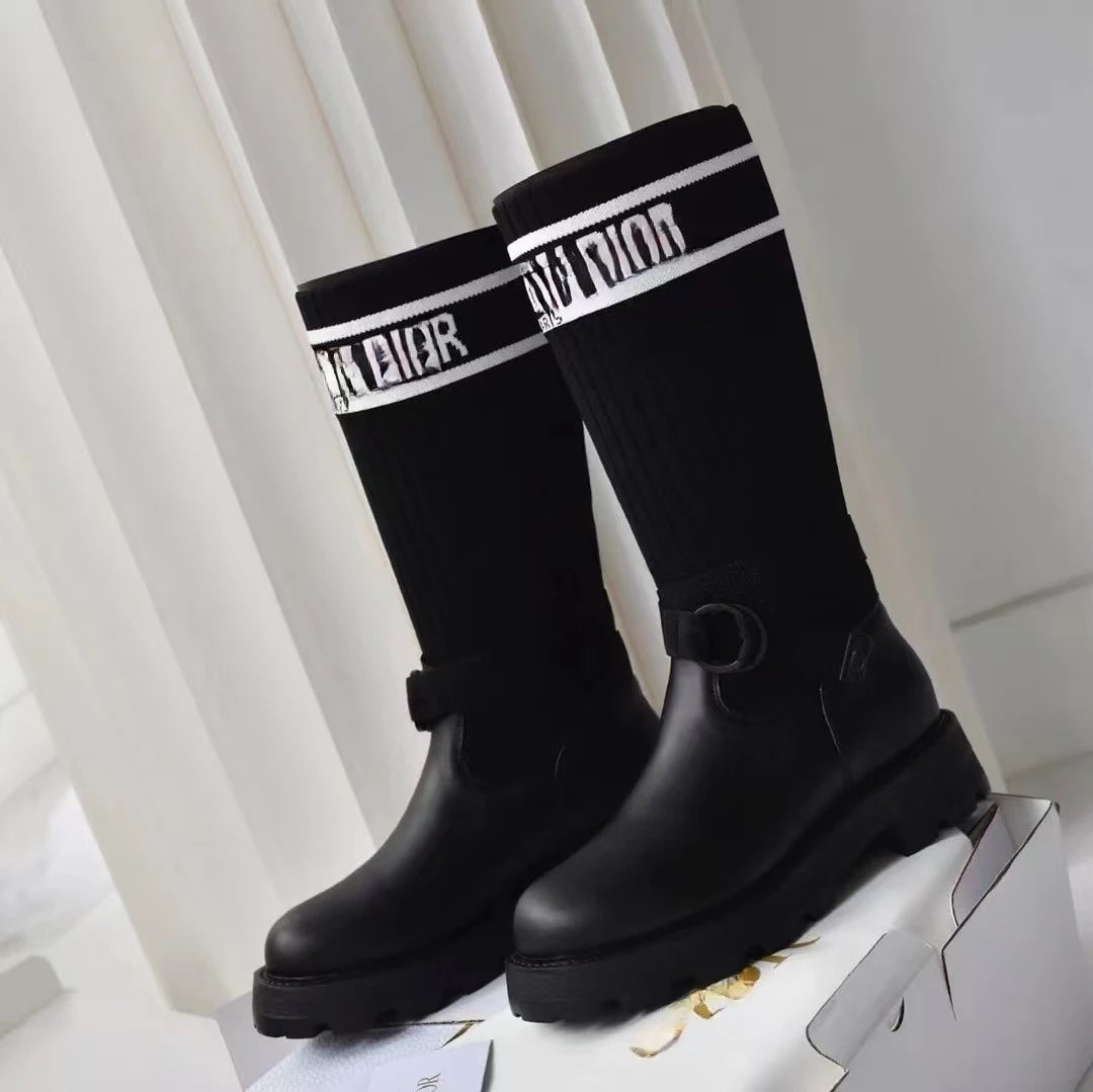 Dior Sock Boots Black Knit-Top Chunky Sole Boots - 6
