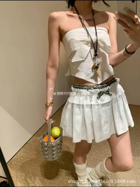 White Ruffled Bow Strapless Crop Top and Tiered Pleated Skirt Set - 5