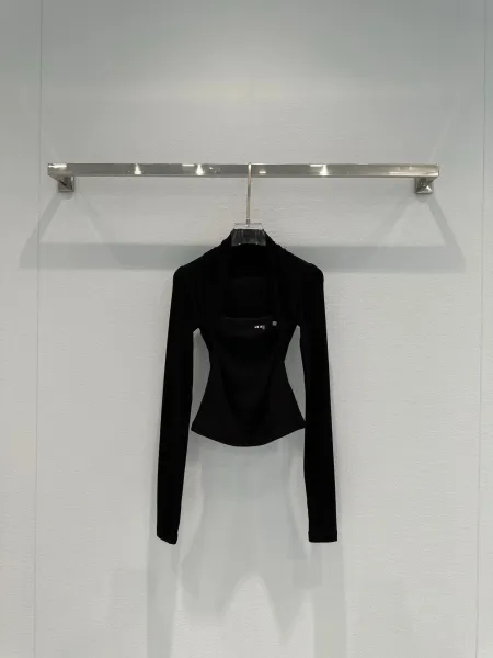 LE A - Black Draped Neck Long Sleeve Crop Top - 4
