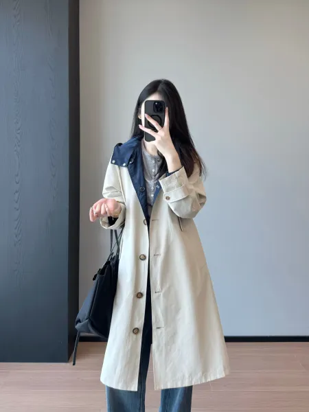 Design Double-Collar Trench Coat Beige with Navy Contrast Outerwear - 15
